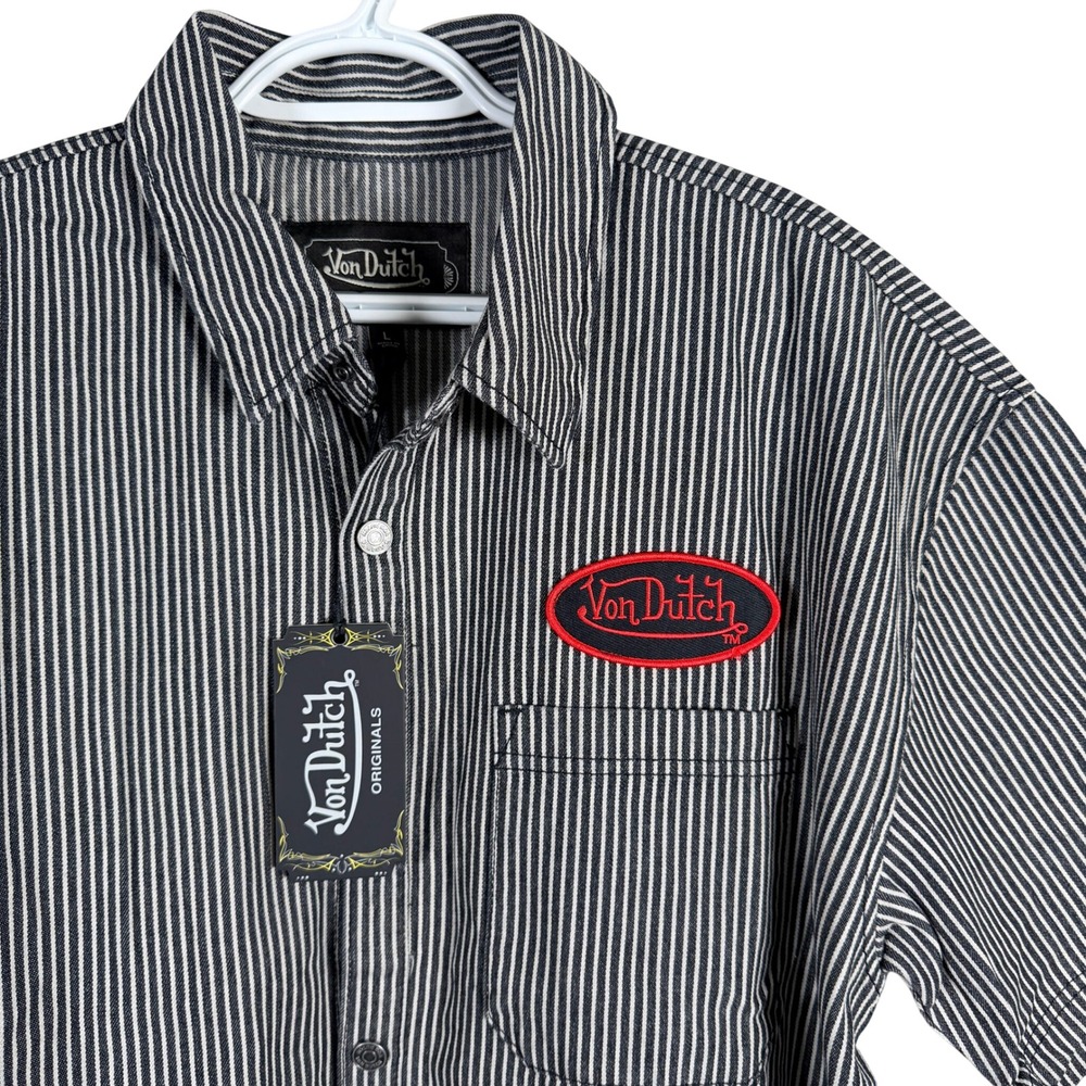 Von Dutch Railroad Stripe Denim Work Shirt Mens L Gray Patch Short Sleeve Snaps